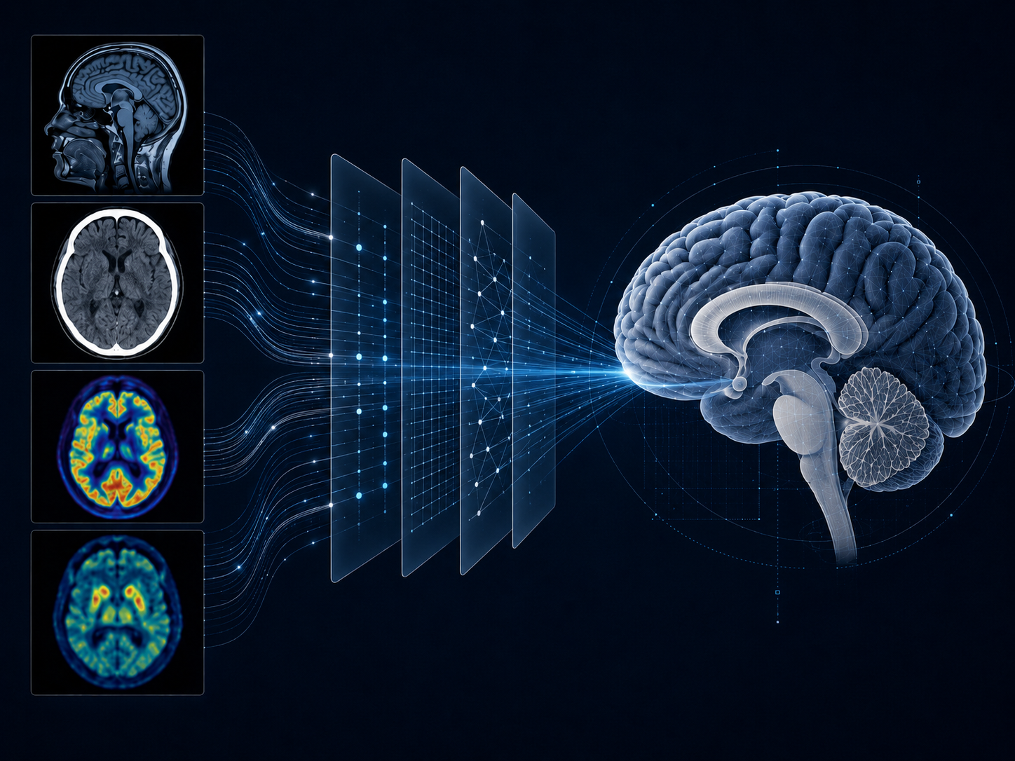 Stylized medical imaging illustration showing MRI, CT, PET, and SPECT inputs moving through simulation layers toward a brain digital twin model.