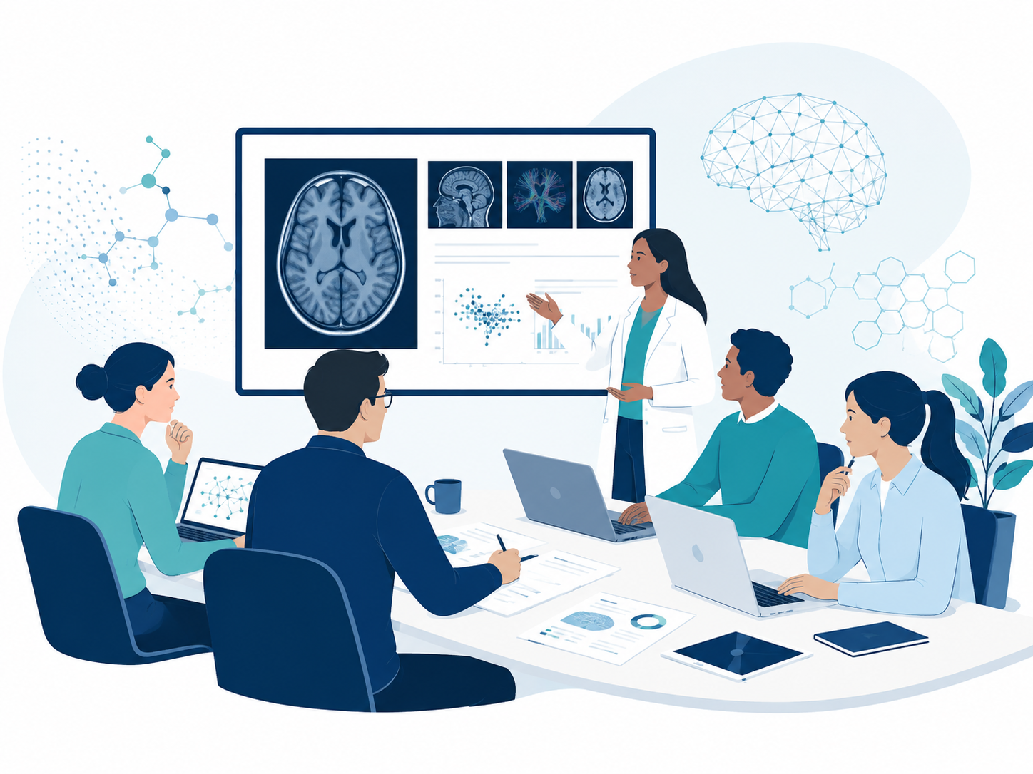 Illustrative graphic showing a small research team around advanced brain-imaging and computational-modeling displays.